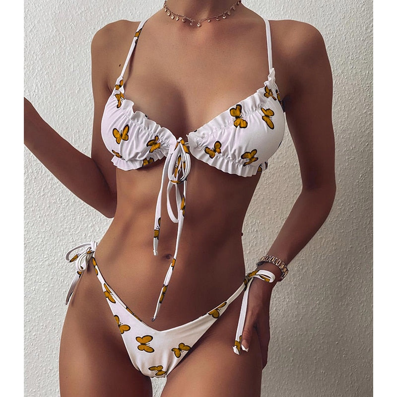 MYTENG Sexy Bandage Thong Bikinis Butterfly Print 2 piece set Swimwear women 2021 Mjuer New Push up Swimming Suit For Biquini