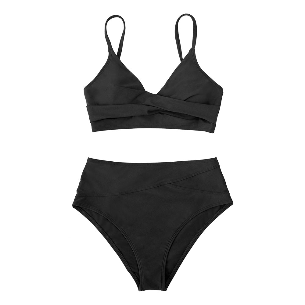 CUPSHE Solid Black Twist High Waist Bikini Sets Swimsuit For Women Sexy V-neck Tank Two Pieces Swimwear 2023 Beach Bathing Suit
