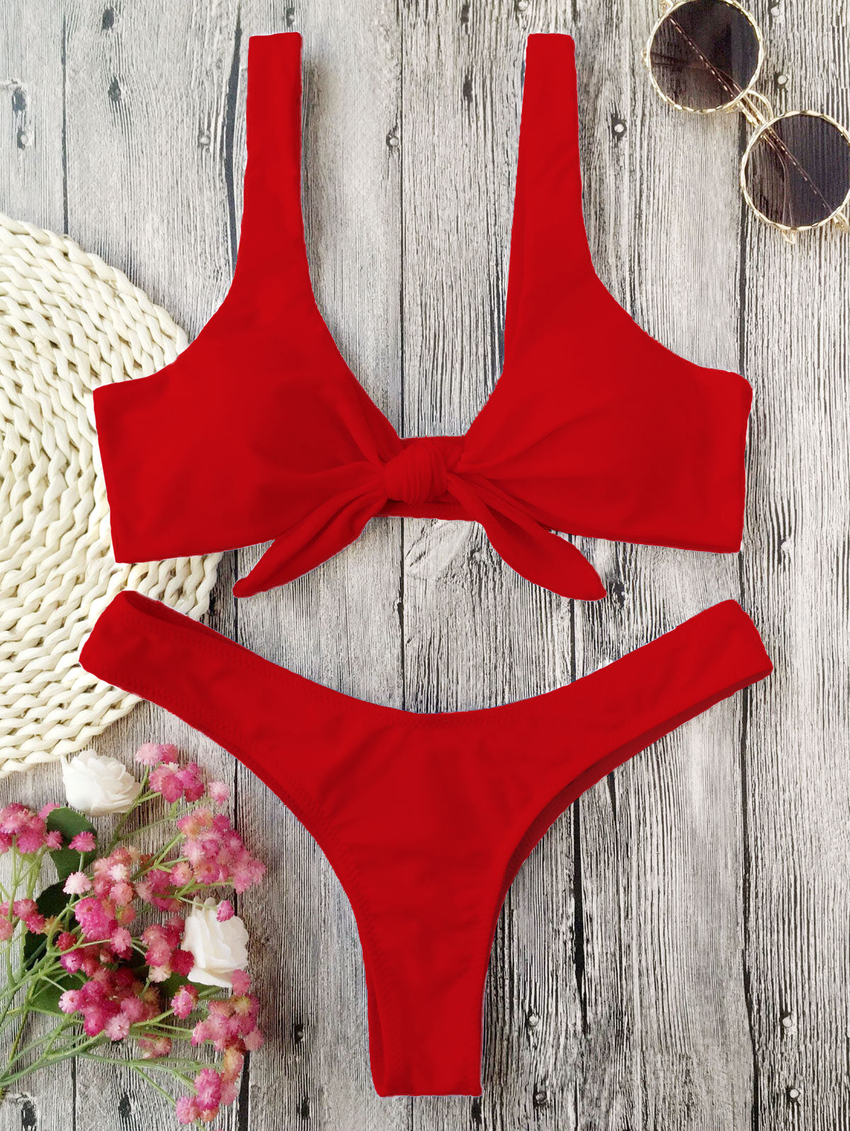 ZAFUL Bikini Brazilian Biquni Knotted Padded Thong Bikini Set Women Swimwear Swimsuit Scoop Neck Solid High Cut Bathing Suit