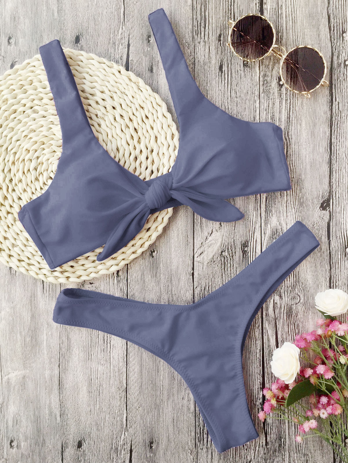 ZAFUL Bikini Brazilian Biquni Knotted Padded Thong Bikini Set Women Swimwear Swimsuit Scoop Neck Solid High Cut Bathing Suit