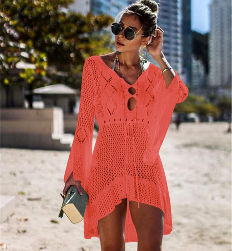New Crochet Cover Ups Lace Hollow Swimsuit Beach Dress Women Summer Lady Cover-Ups Bathing Suit Beach Wear Tunic Bikini Blouse