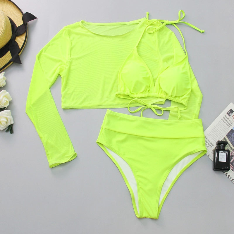 2022 Neon Yellow Crop Top Swimwear Women Summer Sexy Beachwear Mesh Long Sleeve Cover Ups Top Three Piece Swimsuit Bikini Set