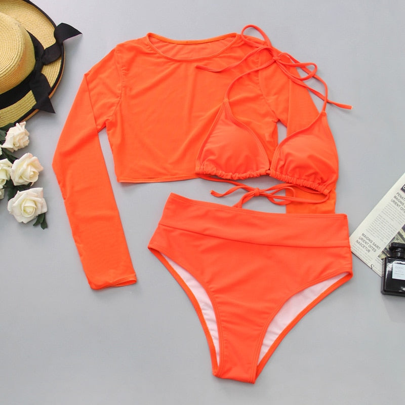 2022 Neon Yellow Crop Top Swimwear Women Summer Sexy Beachwear Mesh Long Sleeve Cover Ups Top Three Piece Swimsuit Bikini Set