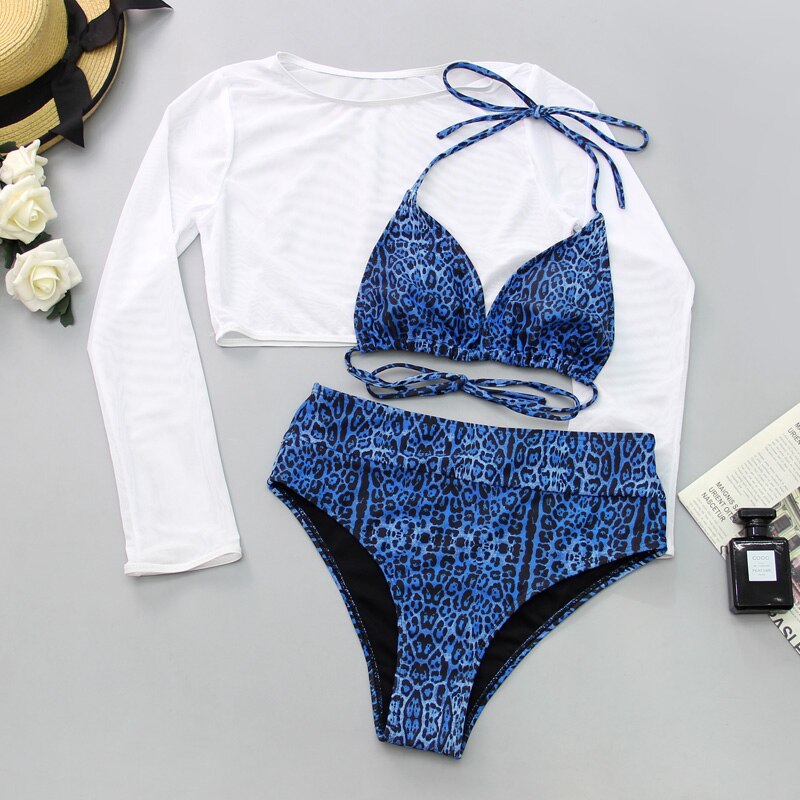2022 Neon Yellow Crop Top Swimwear Women Summer Sexy Beachwear Mesh Long Sleeve Cover Ups Top Three Piece Swimsuit Bikini Set