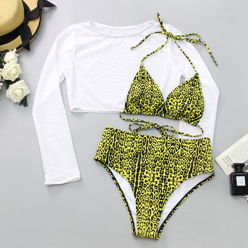 2022 Neon Yellow Crop Top Swimwear Women Summer Sexy Beachwear Mesh Long Sleeve Cover Ups Top Three Piece Swimsuit Bikini Set