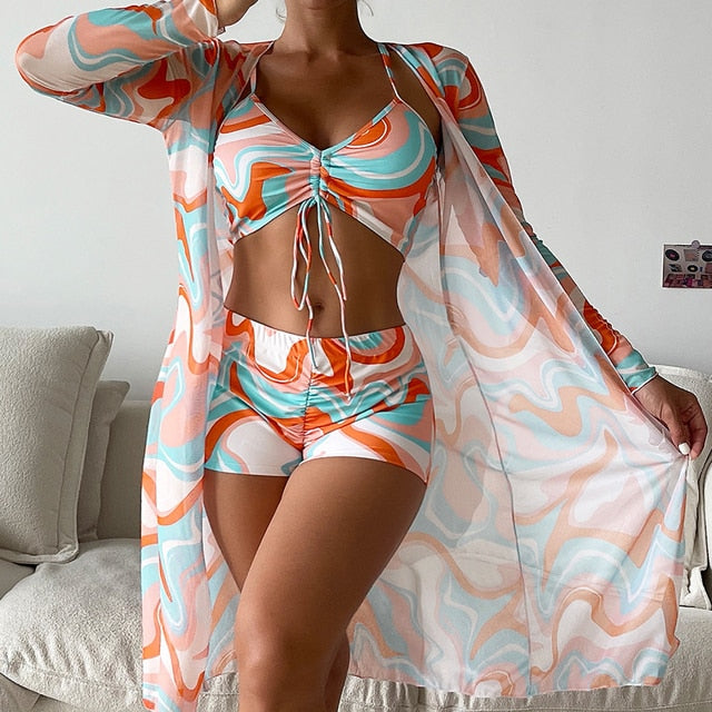 High Waist Bikinis 2022 Sexy 3 Piece Bikini Set Cover Up Swimsuit for Women Long Sleeve Push Up Swimwear Beach Wear Bathing Suit