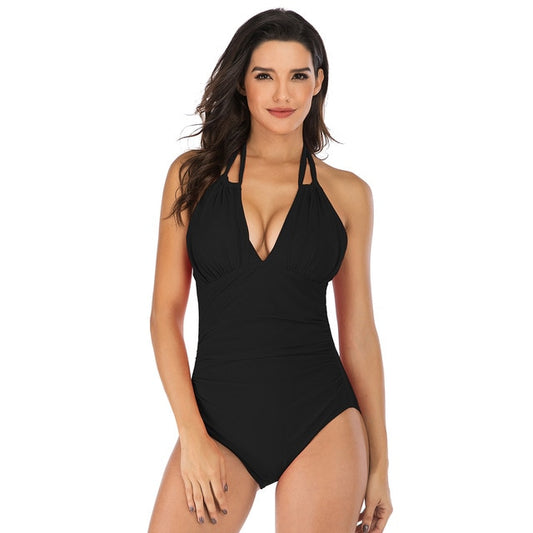 One Piece Halter Bikini Plus Size Swimwear Women Black Halter Swimsuit Push Up Bathing Suit Sexy High Waist Bodysuit Beach Wear
