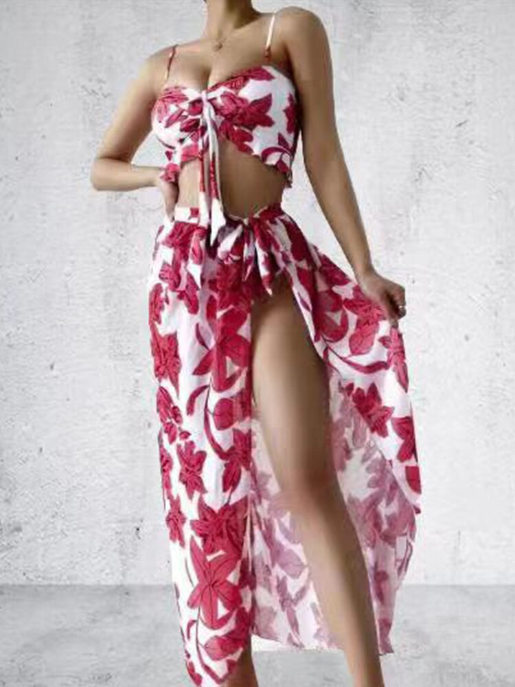 Women Sexy Floral Print Three Piece Bikini Set Fashion Sling Bandeau Bikini Suit+High Waist Cover Up Long Skirt Summer Beachwear
