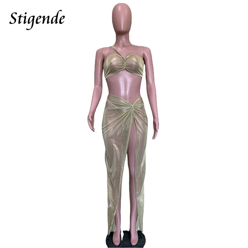 Stigende Women Shiny Gold Three Piece Bikini Set Summer Beach Swimsuit Cover Up Skirt Sexy Halter Neck Top Bra and Panty Set
