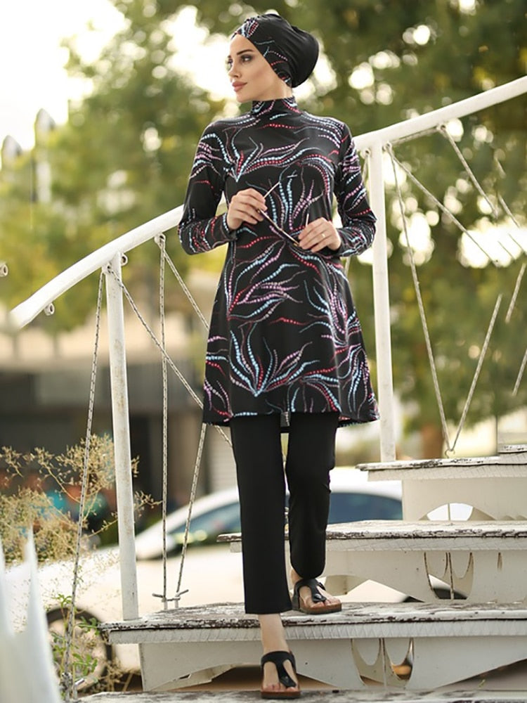 Muslim Swimwear Women Printed Stretch Full Cover Lslamic Clothes 3 piece Hijab Long Sleeves Sport Swimsuit Burkinis Bathing Suit