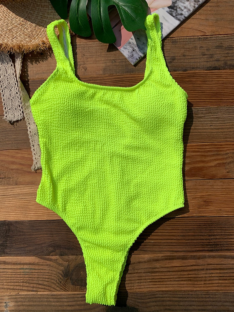 One Piece Swimsuit for Women 2023 New Ribbed Monokini Swimwear Solid Neon Green Bathing Suit Beach Outfits Women's Swim Wear