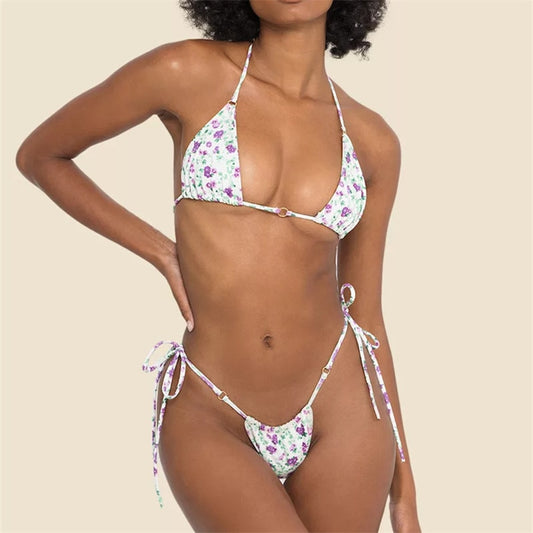 Spoondrift Sexy Floral Micro Thong Bikini Sets for Women Cute Triangle High Cut Bathing Suits Swimsuits 2022 Biquini Swimwear