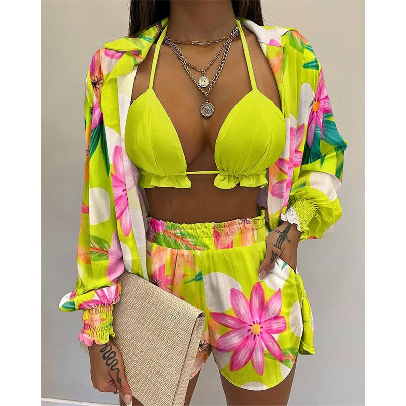 Miyouj Women's Bikinis High Waist Bikini Set 2023 Print Female Swimsuit Sexy Three Pieces Swimwear NewTankini Bath Suit Shorts