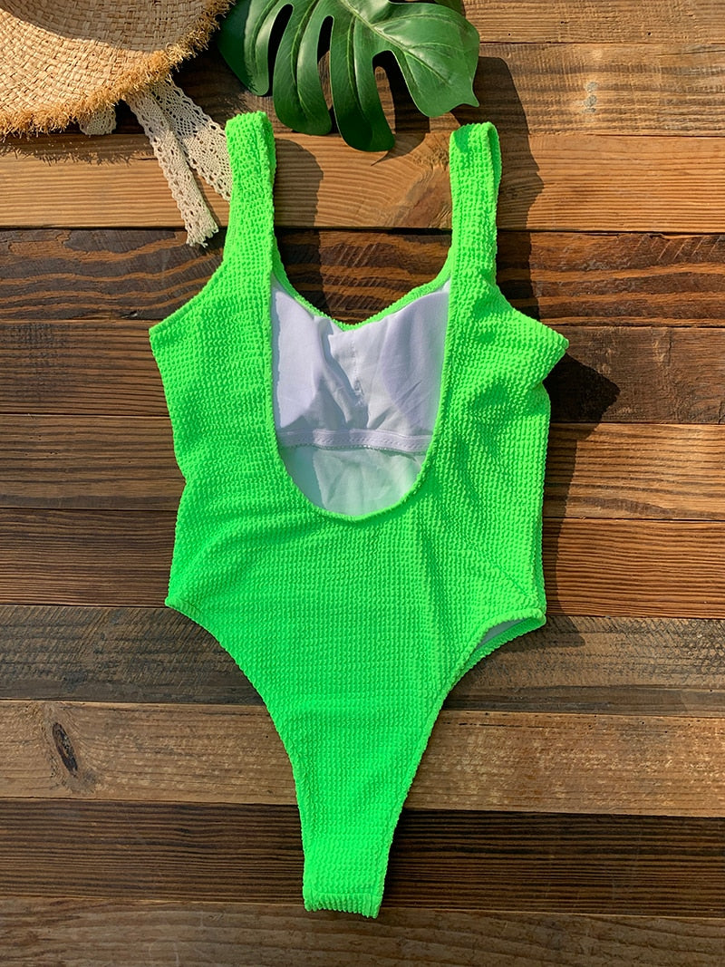 One Piece Swimsuit for Women 2023 New Ribbed Monokini Swimwear Solid Neon Green Bathing Suit Beach Outfits Women's Swim Wear