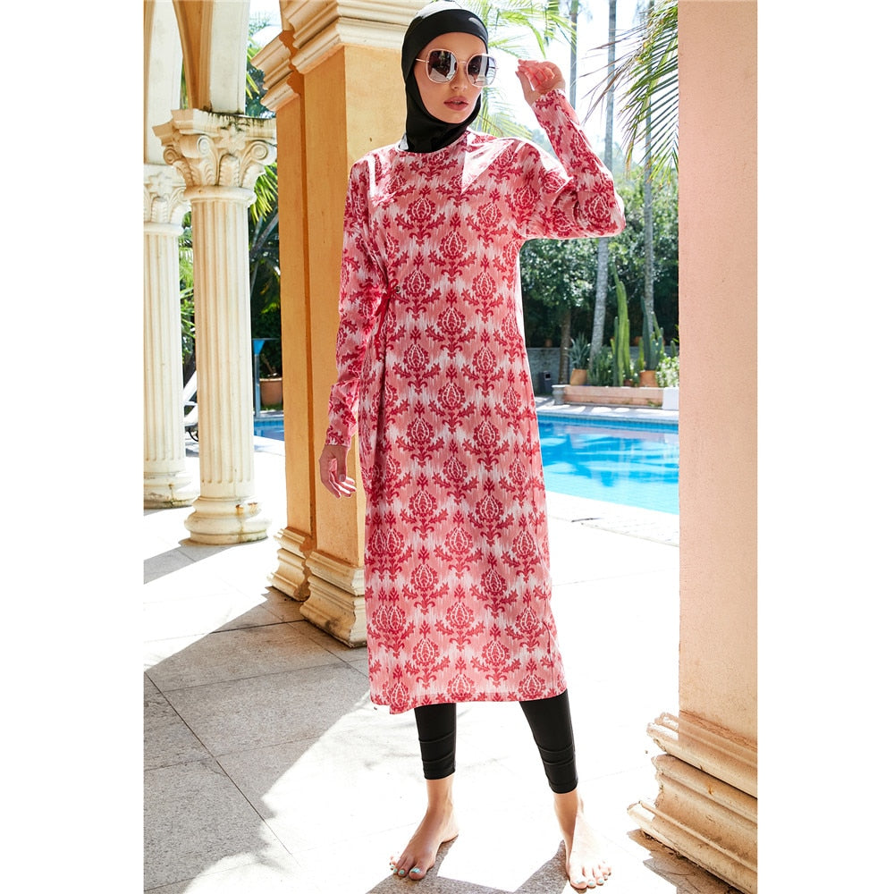 Islamic Swimwear Tunic Robe Print 3pcs Long Burkini Muslim Women Swimsuits For Women Swimming Bathing Surfing Wear Full Cover
