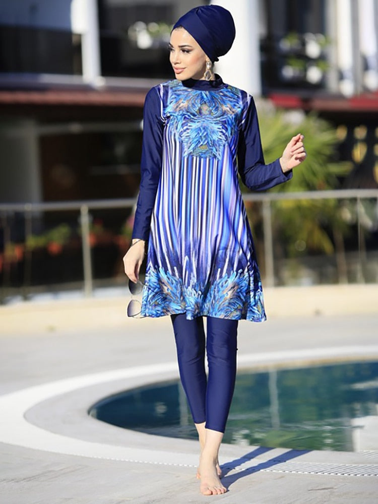 Muslim Swimwear Women Printed Stretch Full Cover Lslamic Clothes 3 piece Hijab Long Sleeves Sport Swimsuit Burkinis Bathing Suit