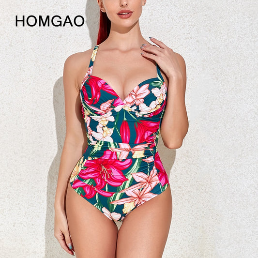 HOMGAO Floral Print Women's One Piece Swimsuits Sexy Tummy Control Bathing Suits Slimming Bodysuit V Neck Swimwear Monokini