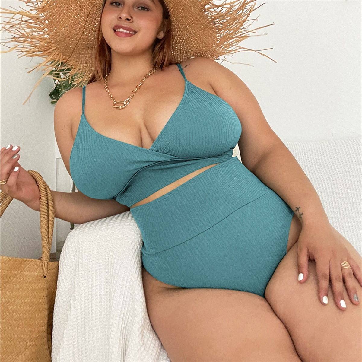 Womens swimwear high waist bikini set solid color plus size Big Breast swimsuit strappy sexy bather Swimming Wear Bathing Suit