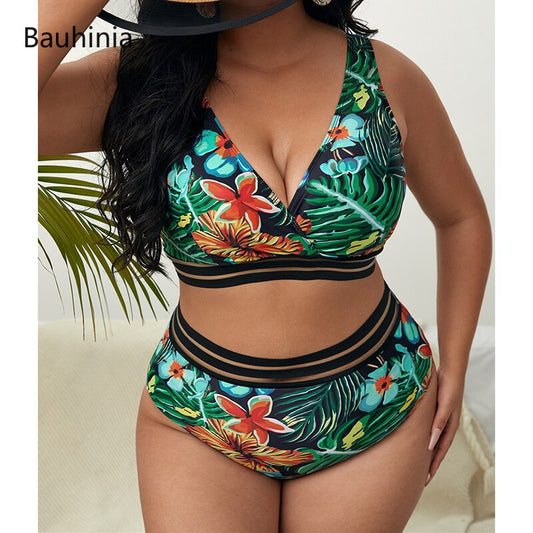 Bauhinia New 5XL Plus Size Swimsuits 2 Pieces Set Women High Waist Push Up Bikini Sets Flower Print Summer Large Bathing Suits