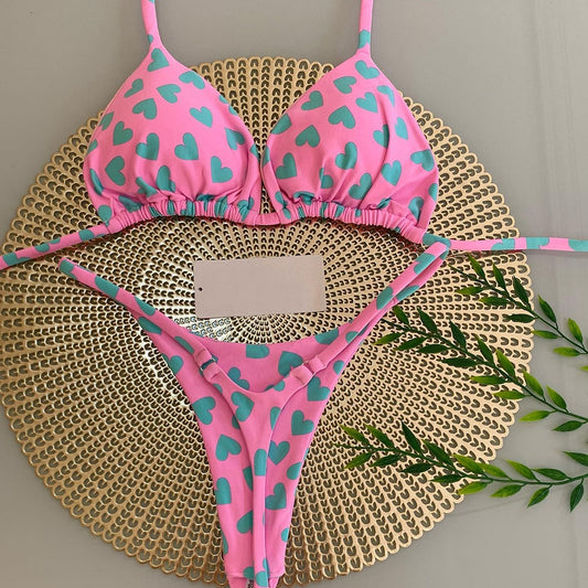 QINJOYER Cute Heart Print Bikini Women Brazilian Swimwear 2 Pieces Swimsuit Sexy Thong Bikini Bathing Suits Summer Beach Wear