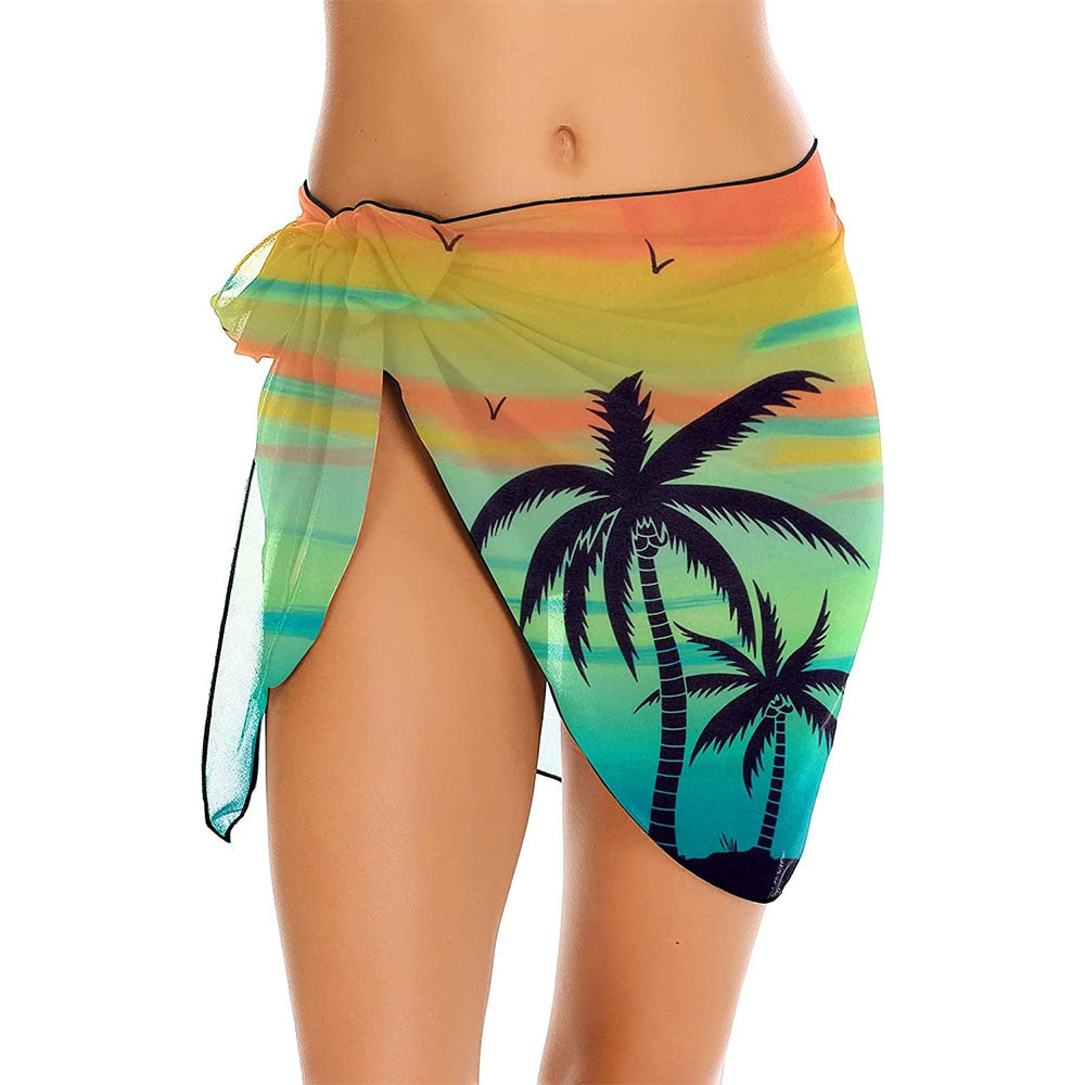 Summer Women Print Short Sarongs Swimsuit Coverups Beach Bikini Wrap Sheer Short Skirt Chiffon Scarf Cover Ups for Swimwear