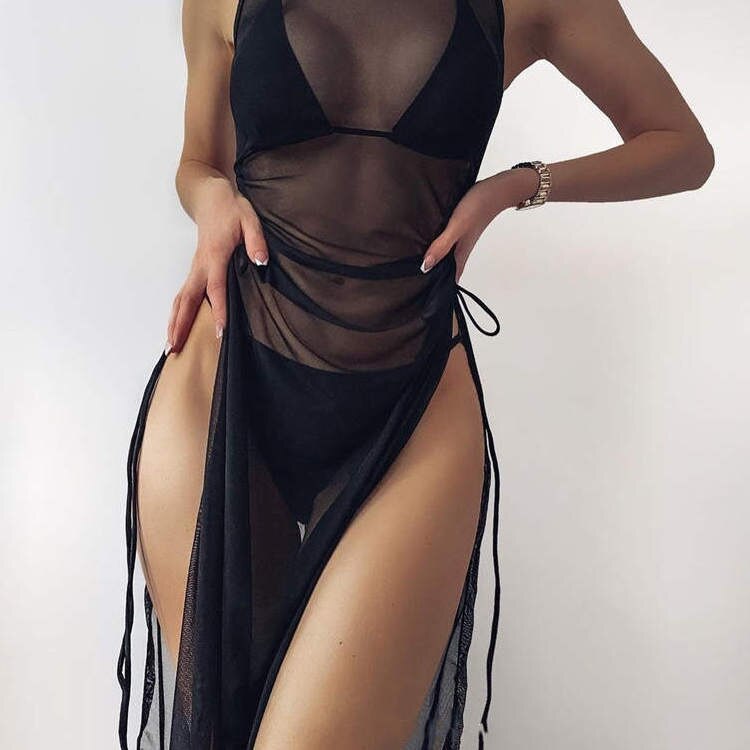 CHRONSTYLE Mesh Sheer See Through Dress Bikini Cover Ups 2021 Sexy Women Swimwear High Split Lace-up Swimsuit Beachwear Bathing