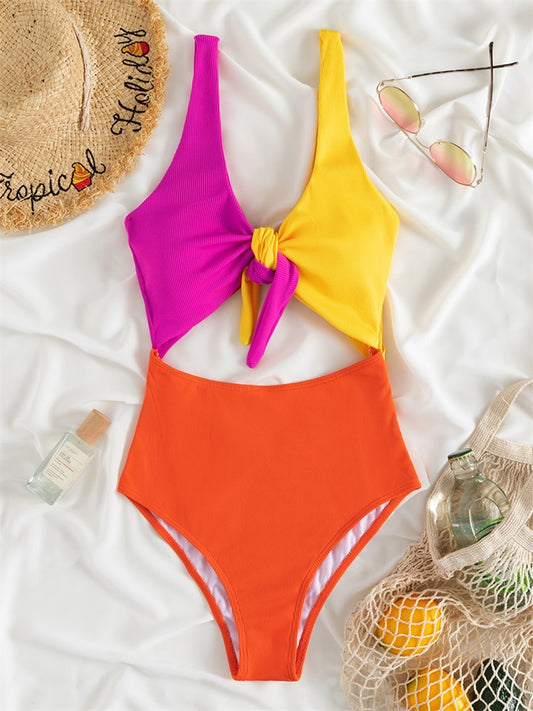 One Piece Swimsuit 2022 New Solid Colorful Hollow Out Swimwear Women Bandage Bow Bodysuit Sexy Monokini Beachwear Bathing Suits
