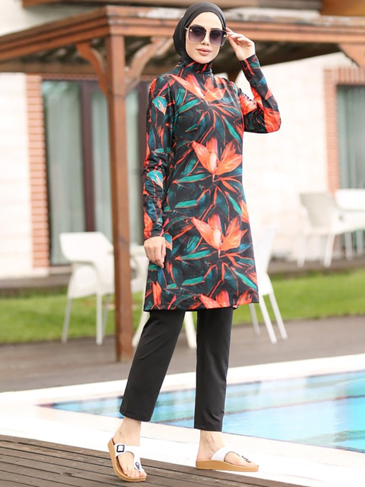 Muslim Swimwear Women Printed Stretch Full Cover Lslamic Clothes 3 piece Hijab Long Sleeves Sport Swimsuit Burkinis Bathing Suit
