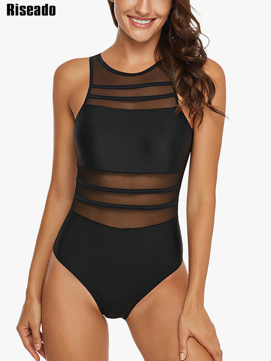 Riseado Mesh One Piece Swimsuit Women Swimwear 2023 Sexy Swimming Suit for Women Monokini Plus Size Bath Suits Black High Neck