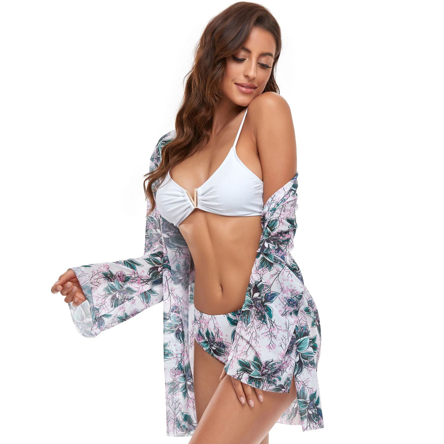 2022 New Women's Swimsuit Three Piece Bikini Mesh Shawl Split Sexy Tight High Elastic Small Fresh Decor