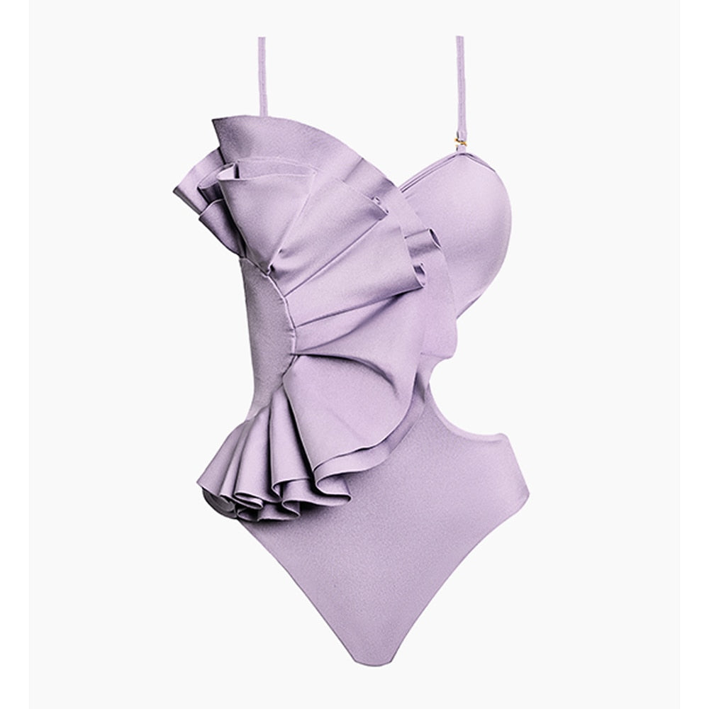 2022 New Ruffle One Piece Swimsuit Off The Shoulder Swimwear Women Solid Bathing Suit Bodysuit Beach Wear Swim Suit Monokini