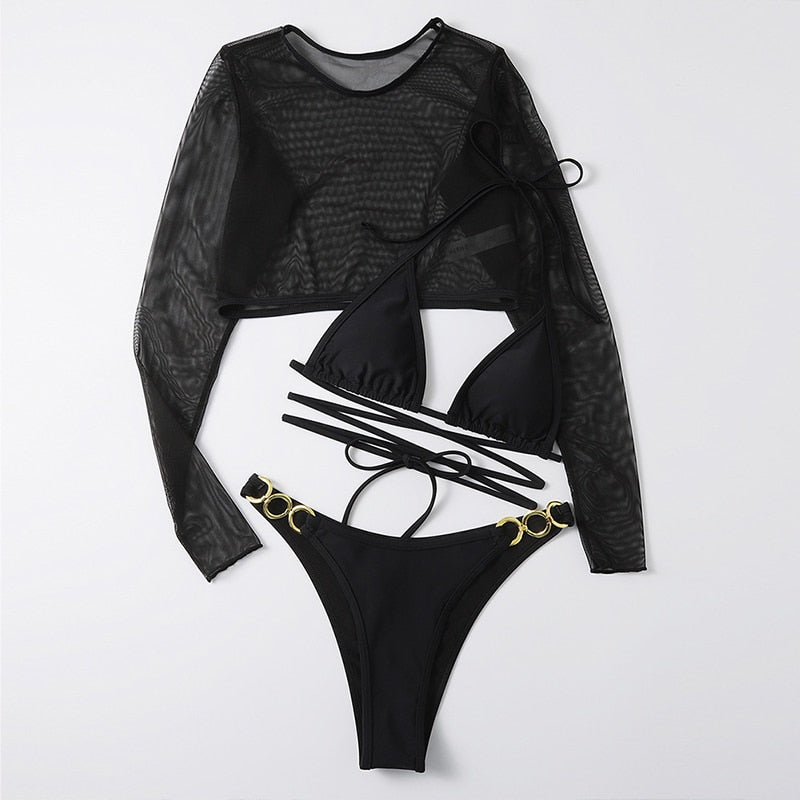 In-X Leopard print 3 pieces set Long sleeves swimsuit women's swimming Sexy bikini 2022 Low waist swimwear women bathing suit