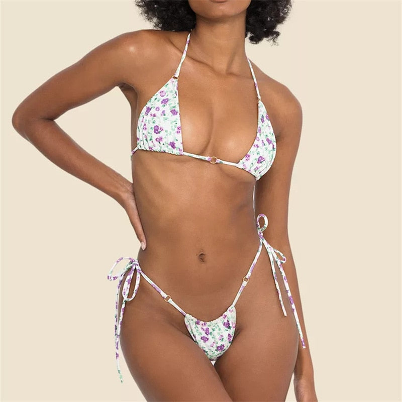Spoondrift Sexy Floral Micro Thong Bikini Sets for Women Cute Triangle High Cut Bathing Suits Swimsuits 2022 Biquini Swimwear