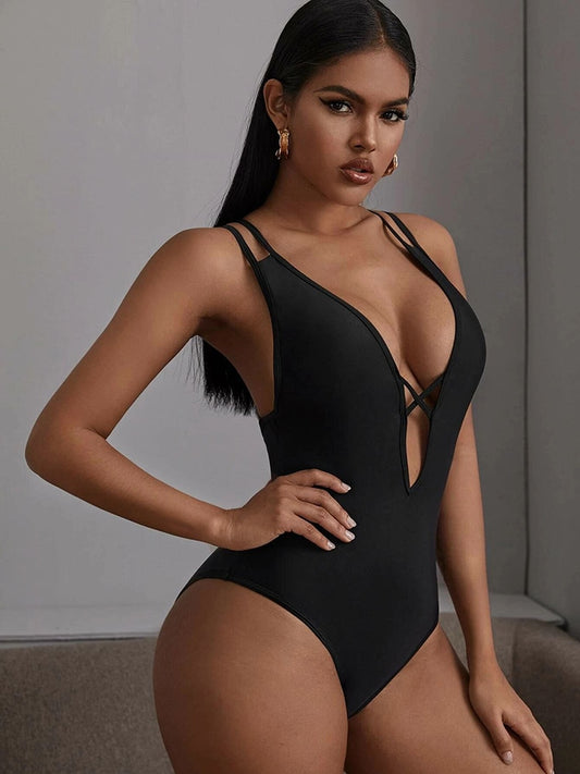 2022 New One Piece Bikini Cross Solid Color Ladies Swimwear Deep Neck Sexy Summer Swimsuit Ages 18-35 Years Old Terylene