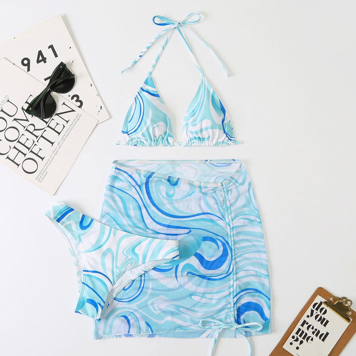3 Pieces Bikini Set With Skirt Tie Dye String Thong Bathing Suit Women Swimsuit Female Swimwear Beach Wear Swim Lady Summer