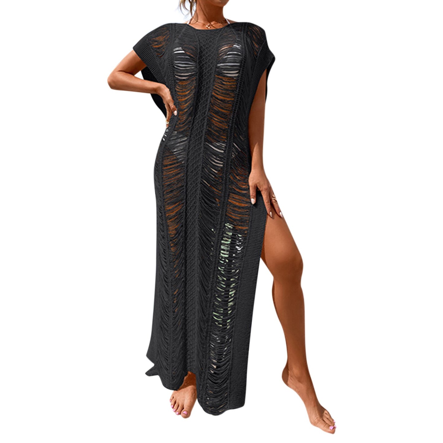 Womens Bikini Cover Ups Casual Hollow Smock Fashion Solid Color Round Neck Slit Long Beach Dress