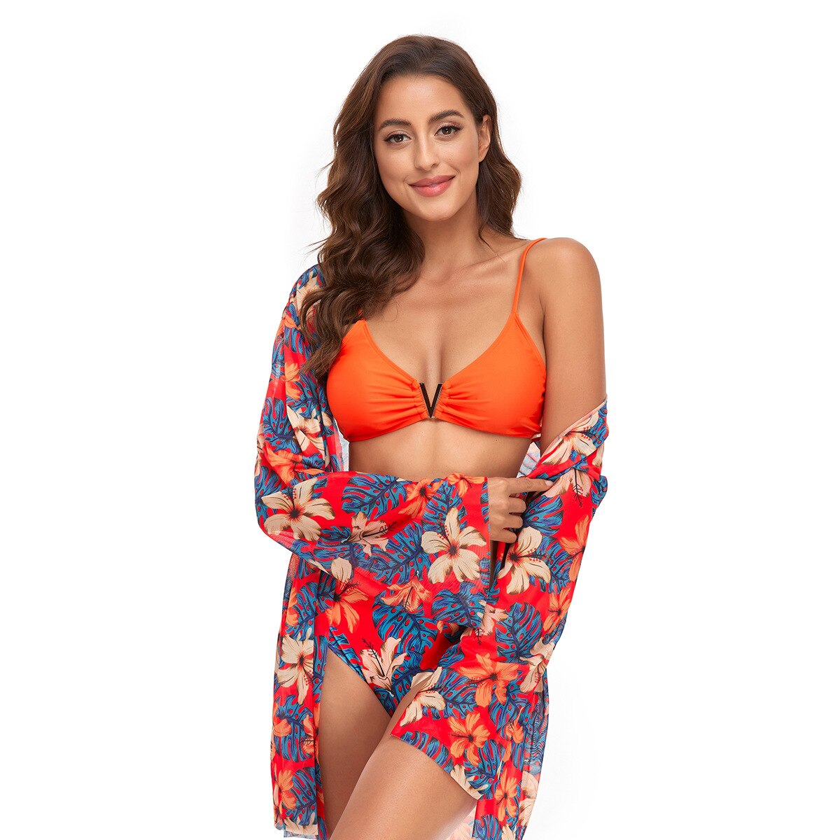 2022 New Women's Swimsuit Three Piece Bikini Mesh Shawl Split Sexy Tight High Elastic Small Fresh Decor