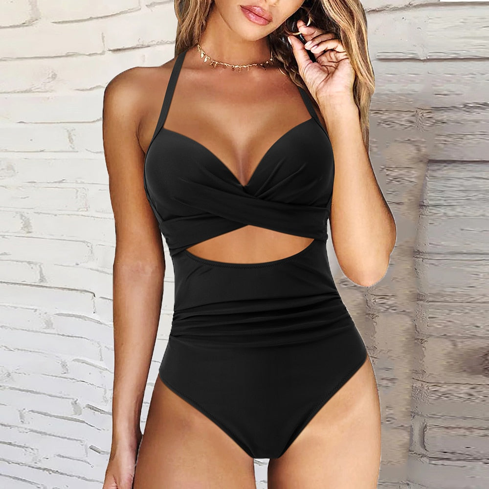 Push Up One Piece Swimsuit Women 2023 Cut Out Swimwear Female High Waist Beachwear XL Halter Monokini Women Swimsuit One Piece