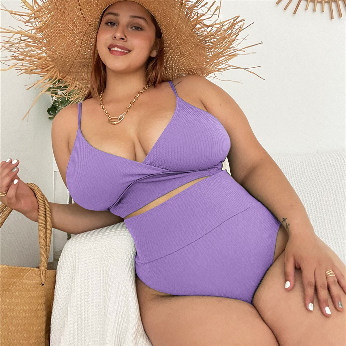 Womens swimwear high waist bikini set solid color plus size Big Breast swimsuit strappy sexy bather Swimming Wear Bathing Suit