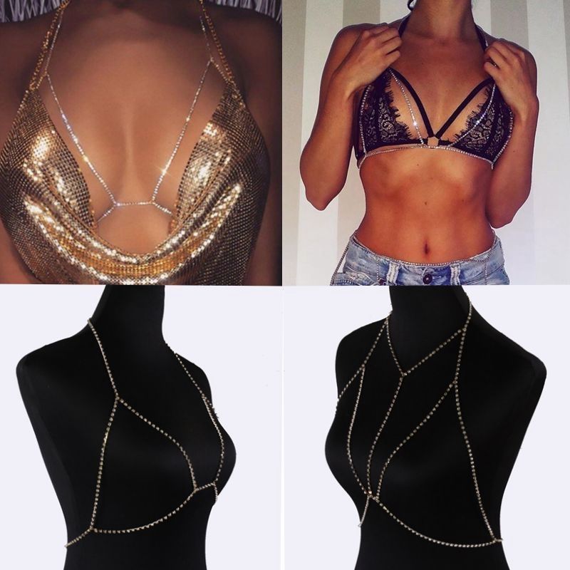 Women Summer Sexy Shiny Crystal Rhinestone Bra Chest Body Chain Bikini Jewelry Leg Chains for Women Summer Beach Dress Sexy