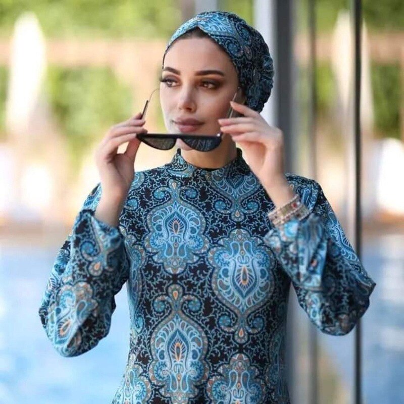 Muslim Swimwear Women Printed Stretch Full Cover Lslamic Clothes 3 piece Hijab Long Sleeves Sport Swimsuit Burkinis Bathing Suit