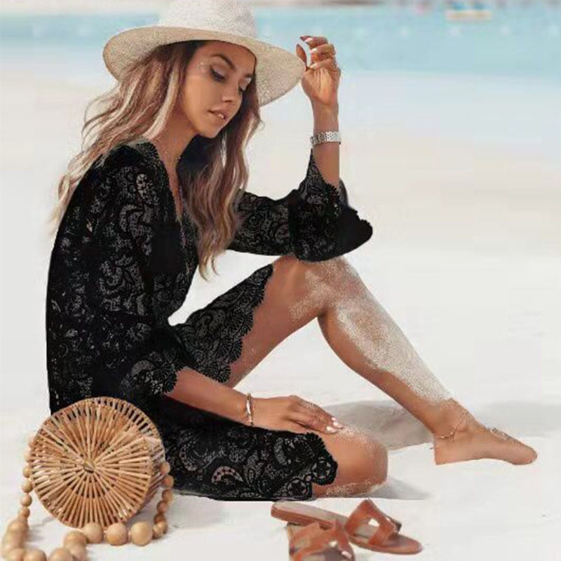 2021 Crochet White Knitted Beach Cover Up Dress Tunic Pareos Bikinis Cover Ups Swim Cover Up Robe Plage Beachwear
