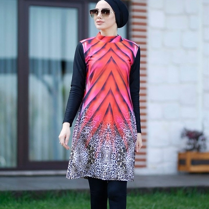 Muslim Swimwear Women Printed Stretch Full Cover Lslamic Clothes 3 piece Hijab Long Sleeves Sport Swimsuit Burkinis Bathing Suit