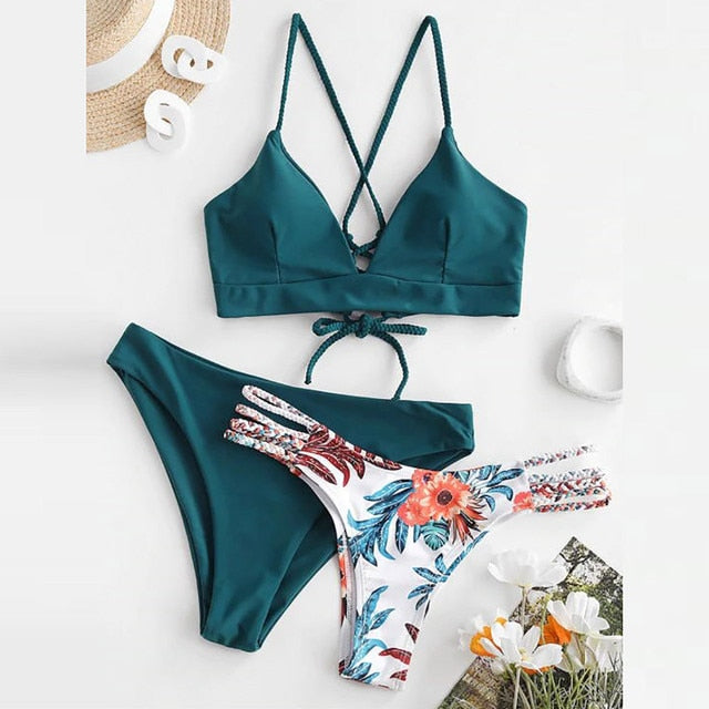 Women's Bikini Print Sets Swimsuits Three Piece Filled Bra Female Swimwear Beachwear Push Up Padded Bandage Retro Summer