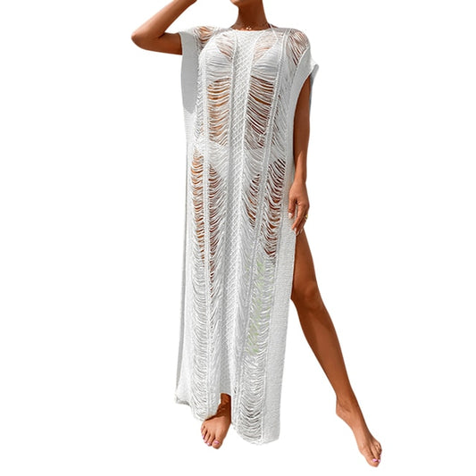Womens Bikini Cover Ups Casual Hollow Smock Fashion Solid Color Round Neck Slit Long Beach Dress