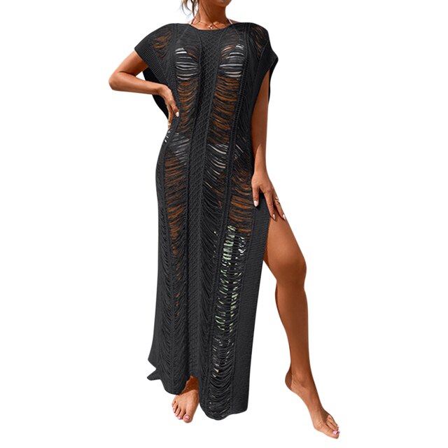 Womens Bikini Cover Ups Casual Hollow Smock Fashion Solid Color Round Neck Slit Long Beach Dress