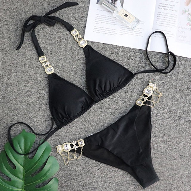 Sexy Crystal Diamond Bikini 2023 Bandeau Swimsuit Women Rhinestone Swimwear Female Two piece Bikini set Halter Bathing Suit