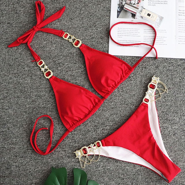 Sexy Crystal Diamond Bikini 2023 Bandeau Swimsuit Women Rhinestone Swimwear Female Two piece Bikini set Halter Bathing Suit