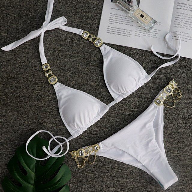 Sexy Crystal Diamond Bikini 2023 Bandeau Swimsuit Women Rhinestone Swimwear Female Two piece Bikini set Halter Bathing Suit