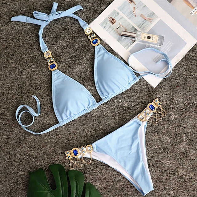 Sexy Crystal Diamond Bikini 2023 Bandeau Swimsuit Women Rhinestone Swimwear Female Two piece Bikini set Halter Bathing Suit